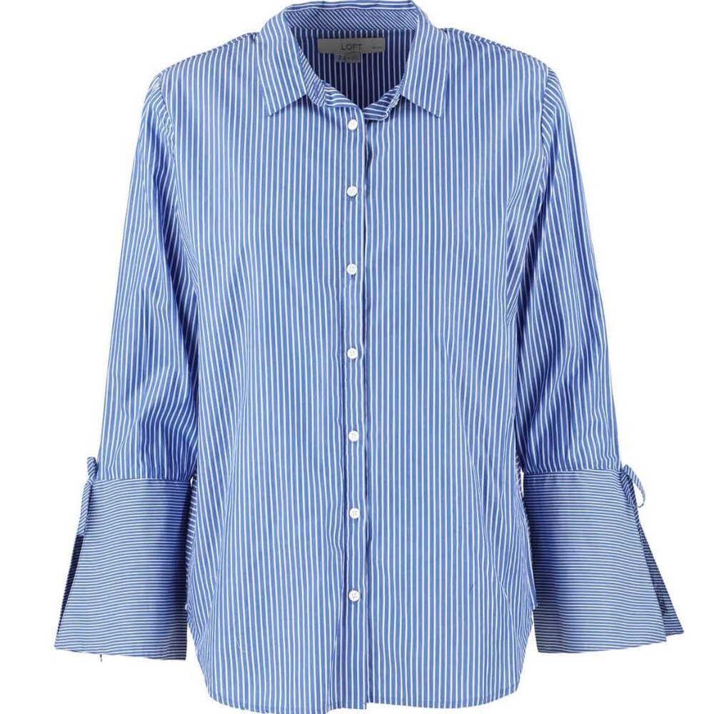 Loft Blue Striped Long Sleeve Button Down Top with Bell Sleeves, Size XL